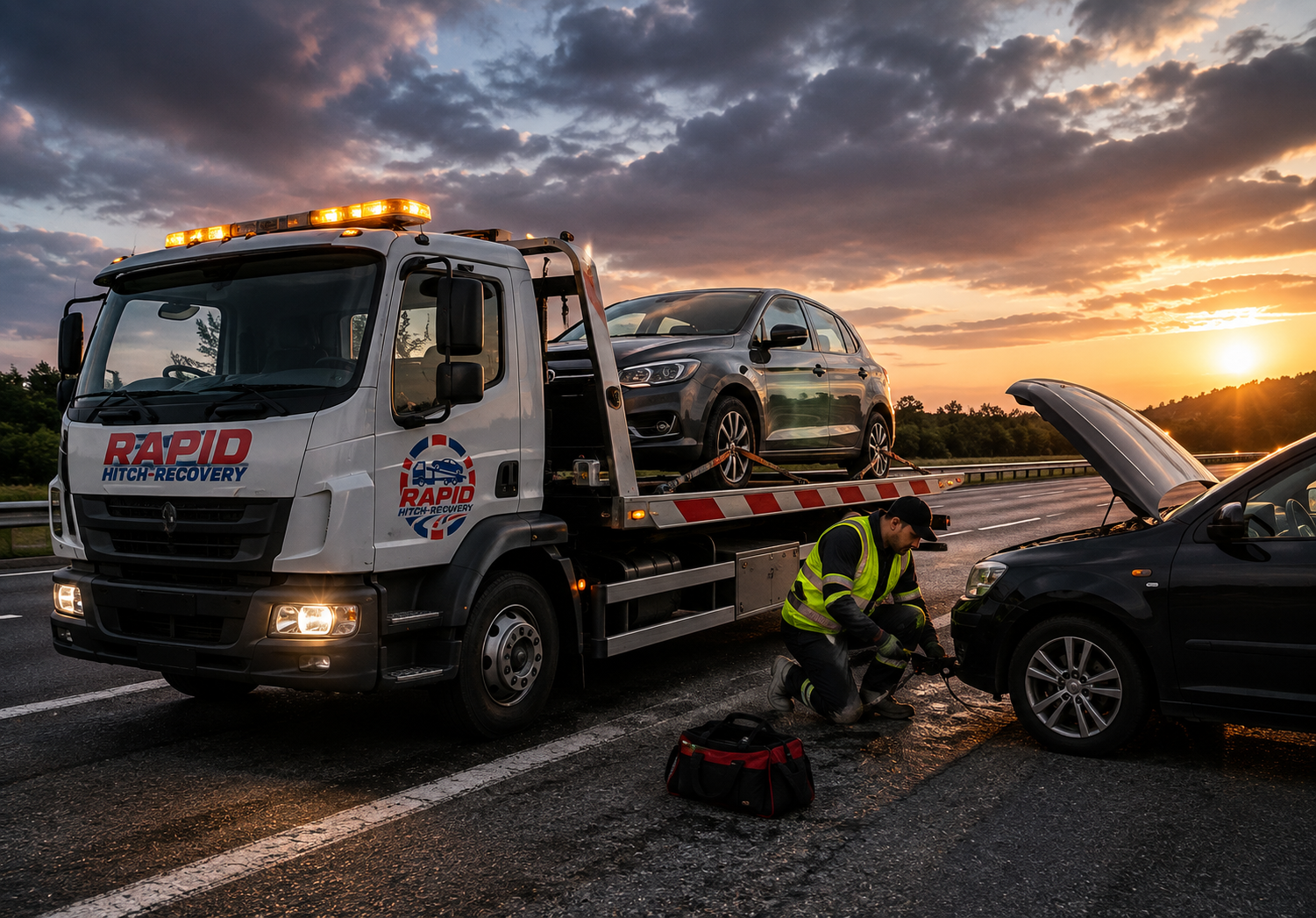 About Us 1 Recovery flatbed truck transporting a campervan